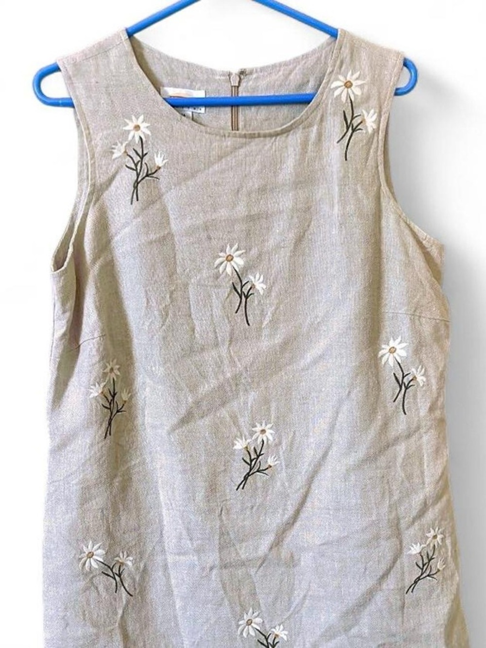 Talbots Sleeveless Linen Embroidered Daisy Shift Dress - Beige Sz 14P